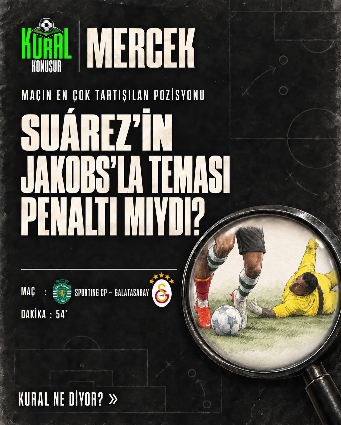 54.dakikada Suárez, Jakobs’un yere basılı ayağına takıldı ve Sporting lehine penaltı kararı verildi.